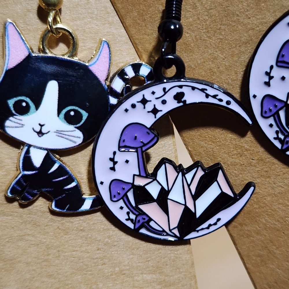 Handmade Set Of 2 Cute Black & Purple Cat and Moon Crystal Mushroom Earrings - Picture 6 of 6